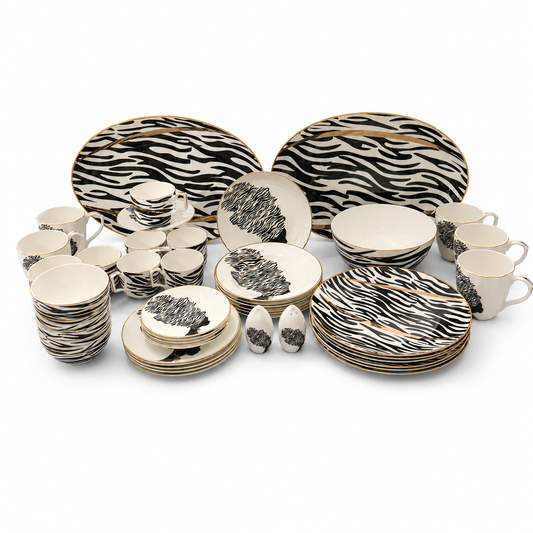 ITALORA African Zebra 47-Piece Bone China Dinnerware Set, Service for 6, White Porcelain with Real 24K Gold Line ,OH-16403