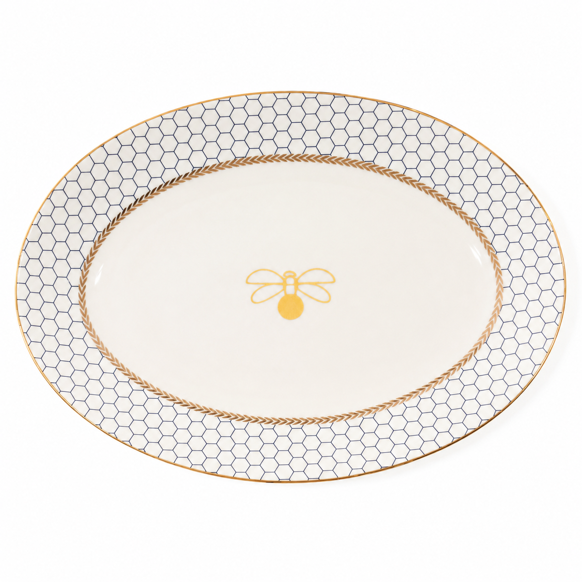 ITALORA Honey Bee 47-Piece Bone China Dinnerware Set, Service for 6, Genuine 24K Gold Trim, Navy Blue & Gold, Luxury Tableware,OH-16391