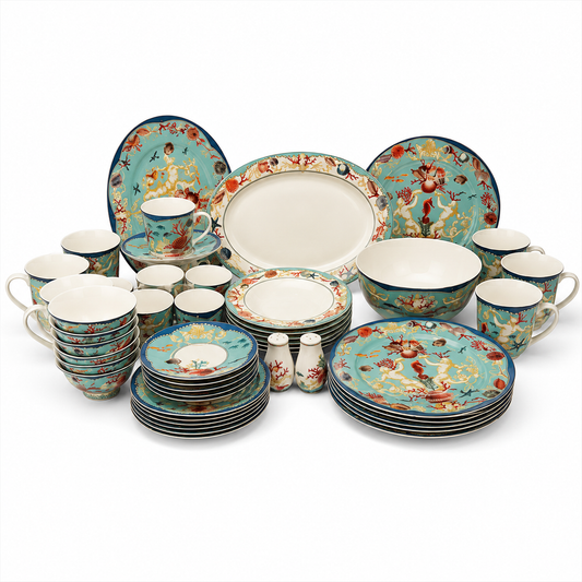 ITALORA Ocean 47-Piece Bone China Dinnerware Set, Service for 6, White Porcelain with Ocean-Inspired Design, Luxury Tableware ,TE0064-2502021