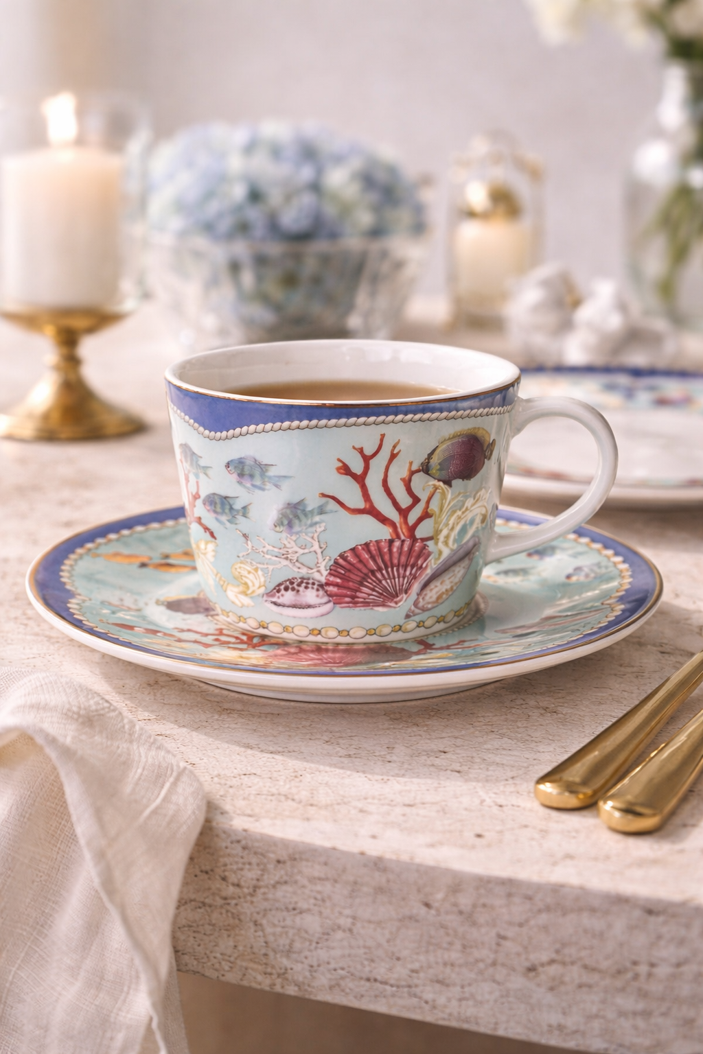 ITALORA Ocean 47-Piece Bone China Dinnerware Set, Service for 6, White Porcelain with Ocean-Inspired Design, Luxury Tableware ,TE0064-2502021