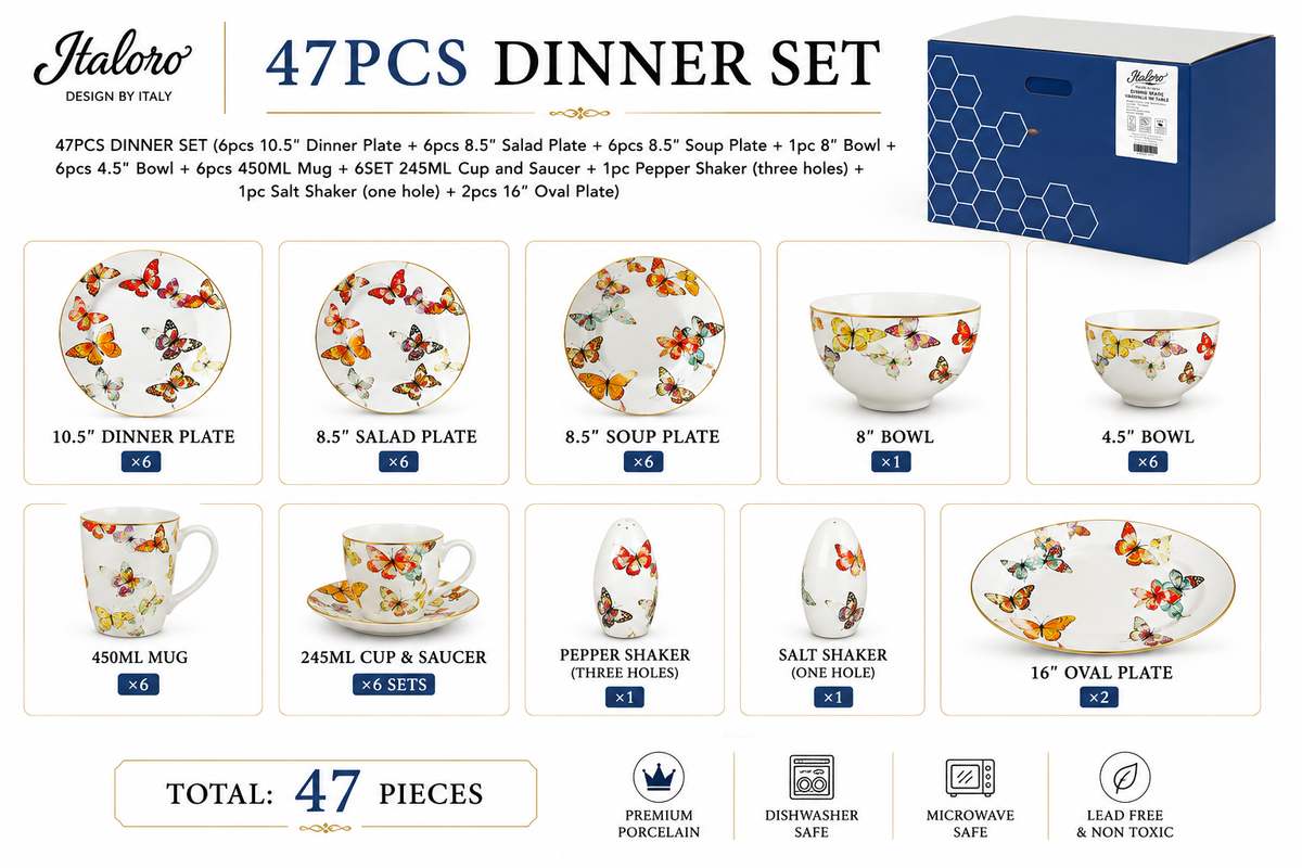 ITALORA Butterfly 47-Piece Bone China Dinnerware Set, Service for 6, White Porcelain with Real 24K Gold Trim, Luxury Tableware ,OH-22013