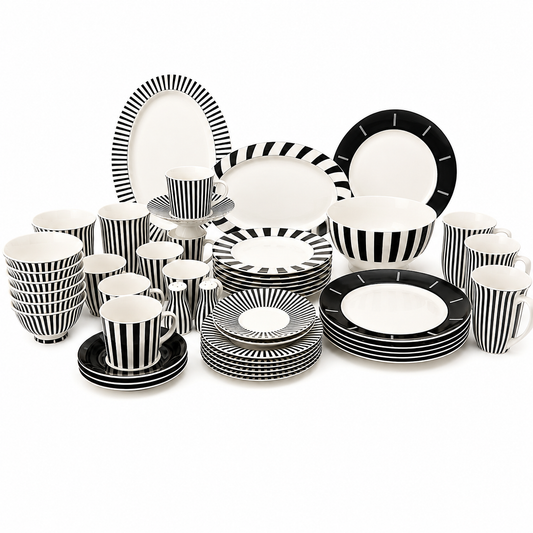 ITALORA Black & White 47-Piece Bone China Dinnerware Set, Service for 6, White Porcelain, Dishwasher & Microwave Safe, Luxury Tableware, TE0064-2310015
