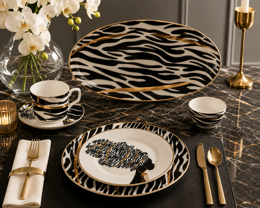 ITALORA African Zebra 47-Piece Bone China Dinnerware Set, Service for 6, White Porcelain with Real 24K Gold Line ,OH-16403