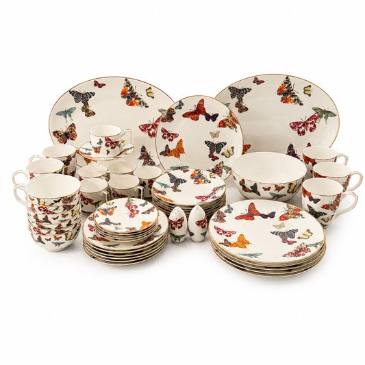 ITALORA Butterfly 47-Piece Bone China Dinnerware Set, Service for 6, White Porcelain with Real 24K Gold Trim, Luxury Tableware ,OH-22013