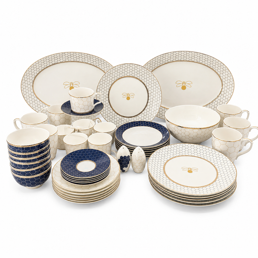 ITALORA Honey Bee 47-Piece Bone China Dinnerware Set, Service for 6, Genuine 24K Gold Trim, Navy Blue & Gold, Luxury Tableware,OH-16391