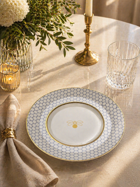 ITALORA Honey Bee 47-Piece Bone China Dinnerware Set, Service for 6, Genuine 24K Gold Trim, Navy Blue & Gold, Luxury Tableware,OH-16391