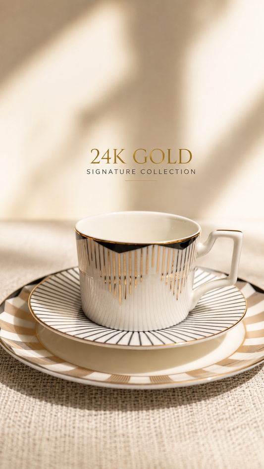 ITALORA Gold Classic 47-Piece Bone China Dinnerware Set, Service for 6, White Porcelain with 24K Real Gold Line, Luxury Tableware