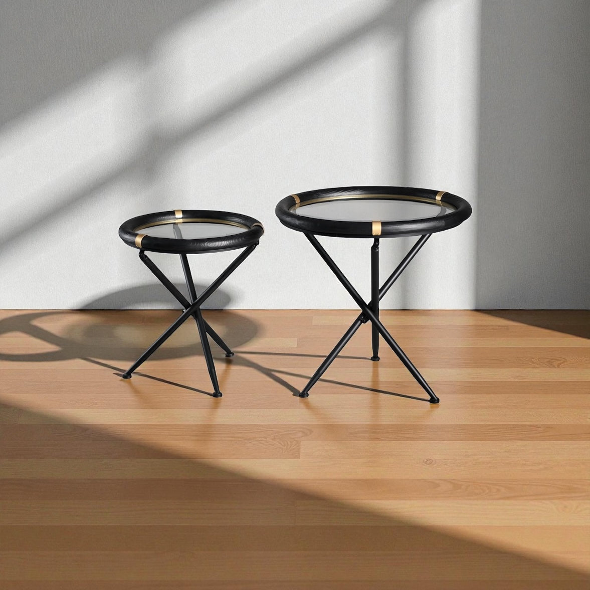 ARTIVELLO  Round Side Table Glass & Wood  , 2 Sets-258096