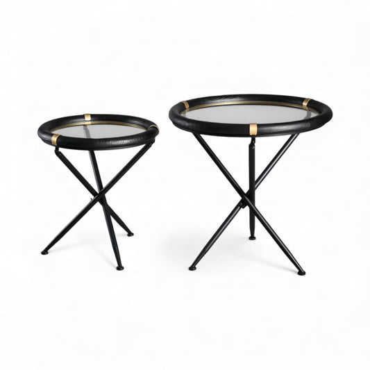 ARTIVELLO  Round Side Table Glass & Wood  , 2 Sets-258096
