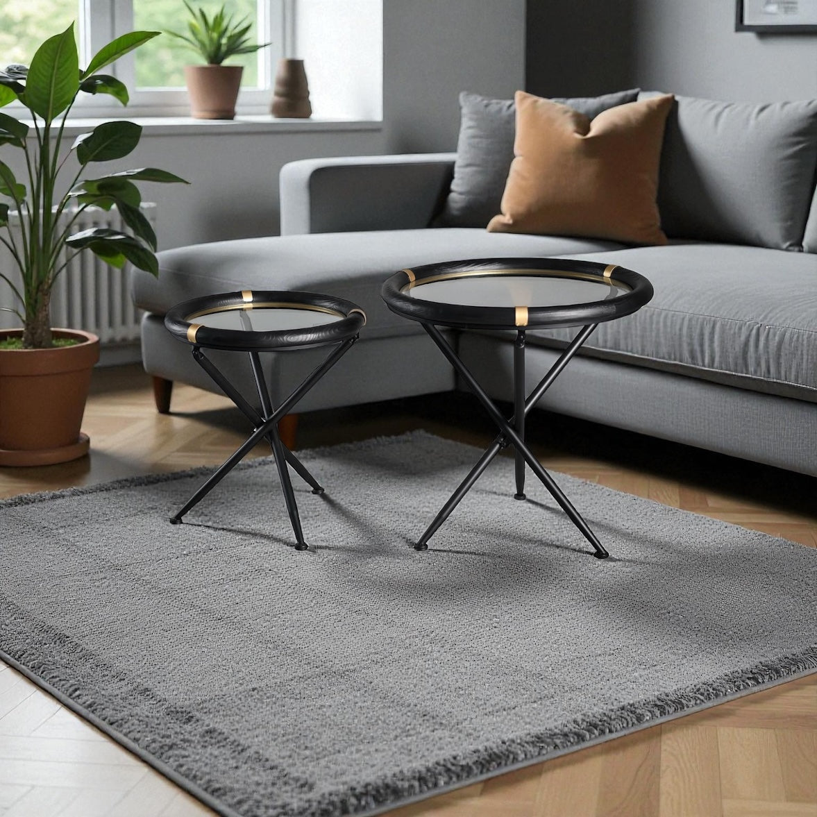 ARTIVELLO  Round Side Table Glass & Wood  , 2 Sets-258096