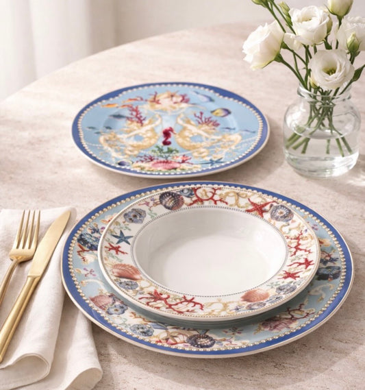 ITALORA Ocean 47-Piece Bone China Dinnerware Set, Service for 6, White Porcelain with Ocean-Inspired Design, Luxury Tableware ,TE0064-2502021