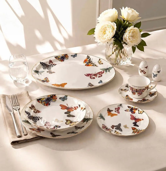 ITALORA Butterfly 47-Piece Bone China Dinnerware Set, Service for 6, White Porcelain with Real 24K Gold Trim, Luxury Tableware ,OH-22013